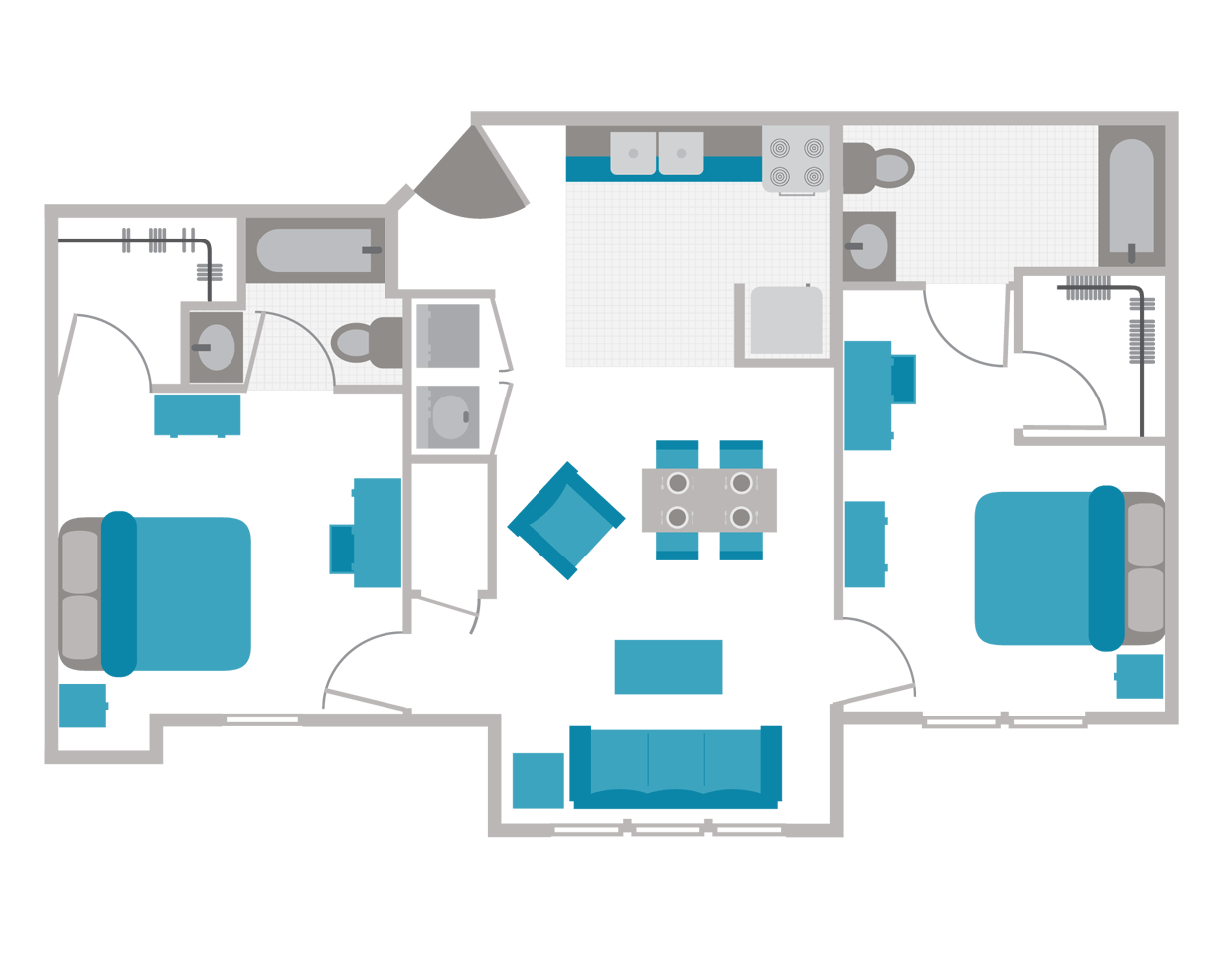 A floor plan of a house with a kitchen, living room, and two bedrooms.